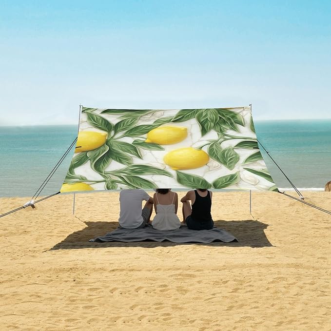 ALAZA Lemon Green Leave Marble Beach Tent Sun Shelter Portable Canopy Sunshade for Outdoor Camping Picnics Backyard Fun 10x9 ft