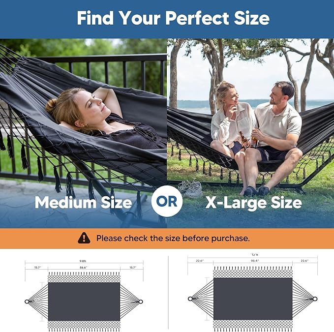 SUNCREAT Extra Large Double Hanging Hammock for Camping Hammocks for Outside 2 Person Heavy Duty Dark Gray with Tassels