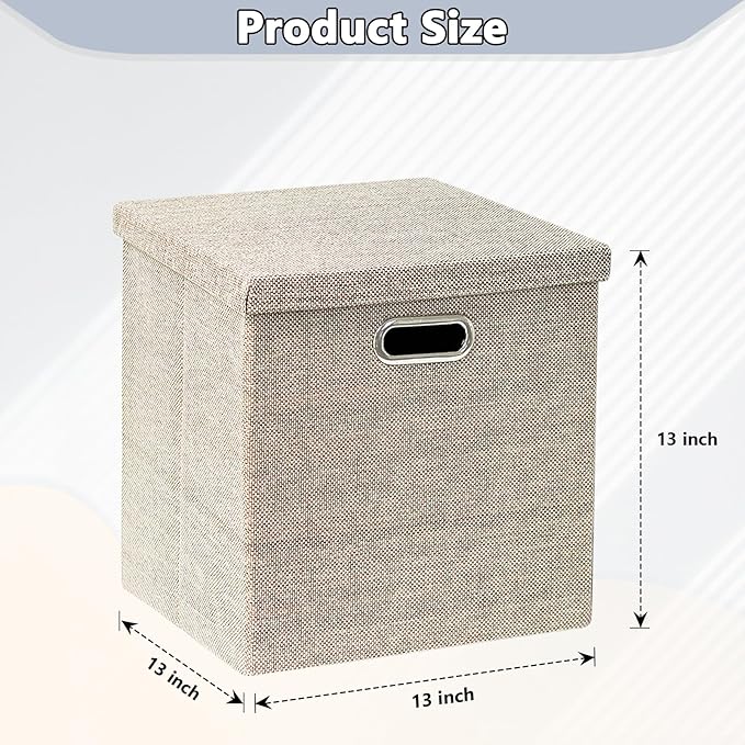 Storage Bins with Lids13 x 13 Inch Foldable Fabric Cube Baskets Boxes Organizer for Closet Shelves and Home. (Khaki (13x13) 4 pack)