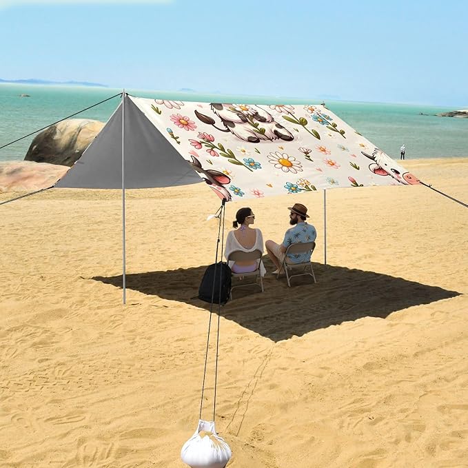 ALAZA Cute Cow Daisy Flower Beach Tent Sun Shelter UPF50+ Protection Beach Shade Canopy w/ 4 Sandbags for Outdoor Camping Fishing Backyard Fun Picnic 10x9 ft