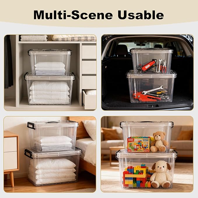 60 QT Plastic Storage Box with Lid and Latches - 4 Pack - BPA-Free See-Through Organizing Solution Durable Nestable Stackable Containers Secure Pull Handle - Clear (60 QT)