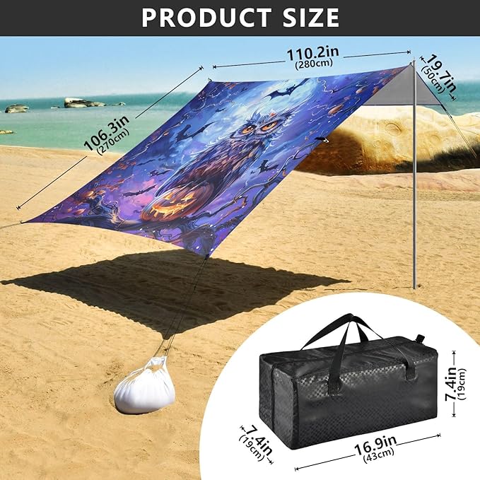 ALAZA Owl Halloween Beach Tent Sun Shelter UPF50+ Protection Beach Shade Canopy w/ 4 Sandbags for Outdoor Camping Fishing Backyard Fun Picnic 10x9 ft