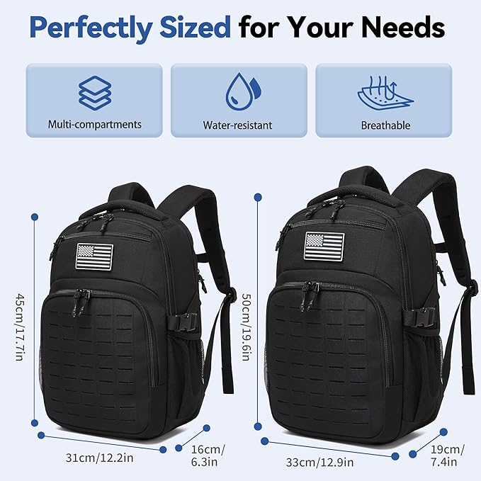 Wotony Military tactical backpack Laser-Cut MOLLE Webbing backpack for men black small tactical assault bag (Black 20 inch)
