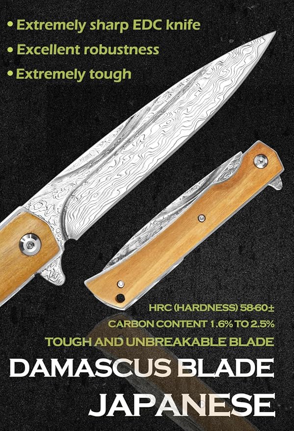 YOUSUNLONG Folding Knife Overall 215mm Camping Knife - Hammered Damascus Steel Blade - Natural Olive Wood Cover