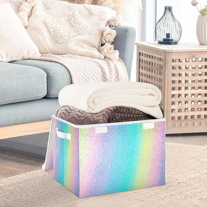 Iridescent Rainbow Glitter Gradient Stock Storage Container with Lid Stackable Bed Storage Clothing Storage Containers