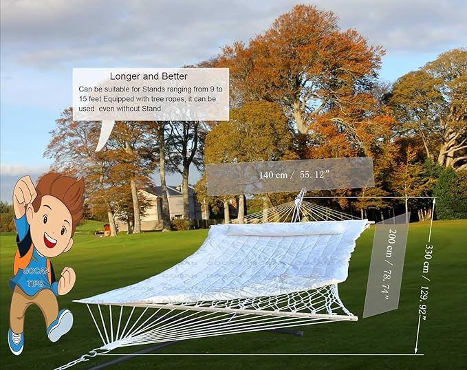 GOCAN Mesh HammockCotton rope hammocks with Pad Chains Hooks Tree Straps fit stands from 9' to 15' for outside indoor patio yard