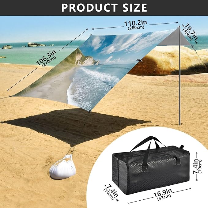 Seacoast Landscape Beach Tent Sun Shelter Set UPF50+ UV Protection 10.5 x 9.19 FT Camping Shade Canopy with Sandbags Sand Anchors Carrying Bag and Others