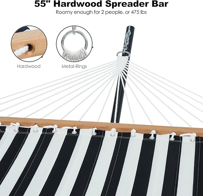 GAFETE 2 Person Hammock with Stand for Outside Heavy Duty Steel Stand Double 55inch Hammocks Large Removable Pillow Storage Bags Max 475 lbs Capacity (Stripe Black-White)