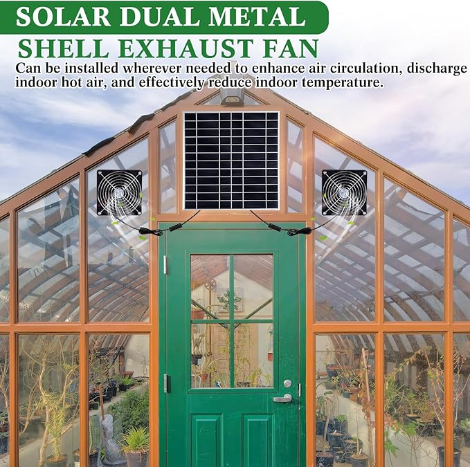 Glooglitter 20w Solar Powered Fan Kit for Chicken Coop IP67 Waterproof Dual Solar Greenhouse Fan 3500 RPM High Speed Exhaust Fan with 10ft Cable for Shed Pet House Window Outside Inside(1 Set)
