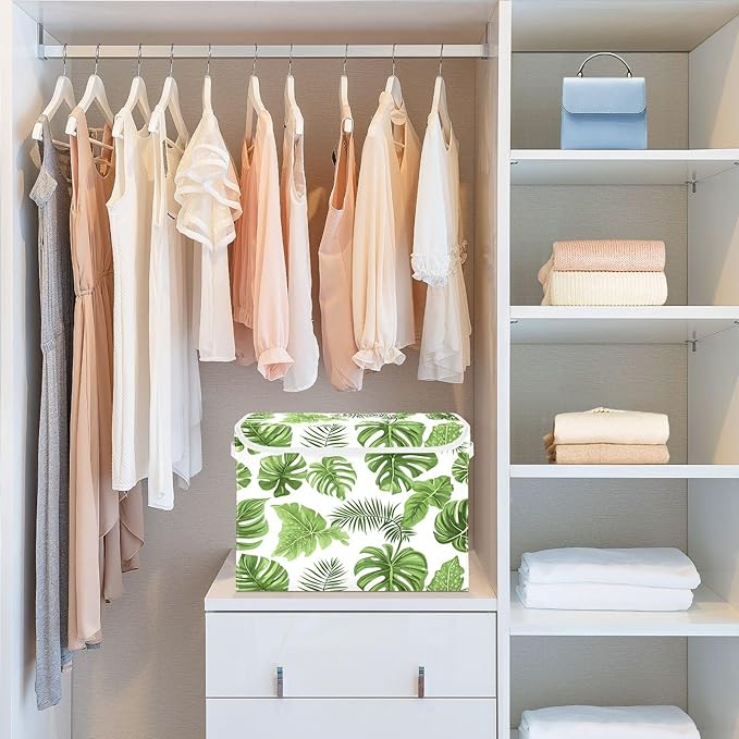 Tropical Leaves Fabric Storage Bins with Lids and HandleFoldable Storage Bins with LidsCloset Organizers for Clothes Storage Room Organization Office Storage Chest Organizer