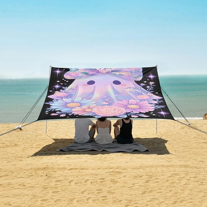 ALAZA Cute Ghost Bow Halloween Beach Tent Sun Shelter UPF50+ Protection Beach Shade Canopy w/ 4 Sandbags for Outdoor Camping Fishing Backyard Fun Picnic 10x9 ft