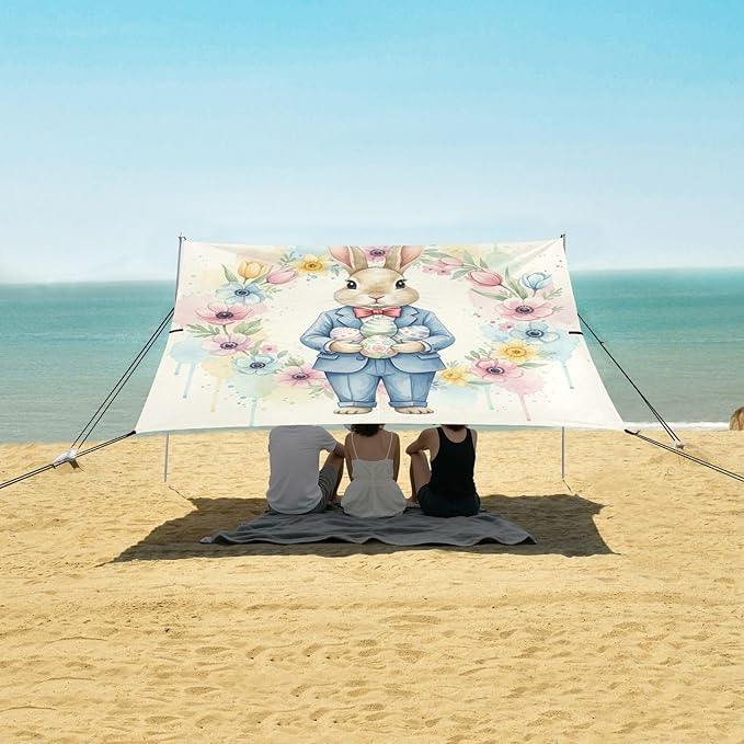 Beach Canopy with Windproof Ropes &amp Sandbags Beach Tent Sun Shade Sun Shelter for Camping Trips Fishing Backyard Fun or Picnics Easter Bunny