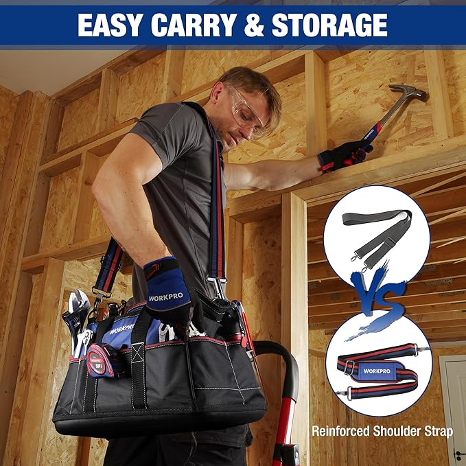 WORKPRO 16-inch Wide Mouth Tool Bag Heavy Duty Cloth Tool Storage Bag with Water Proof Molded Base Adjustable Shoulder Strap