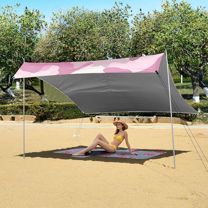 Silver Gray Foldable Beach Canopy UPF50 Lightweight Portable Sun Shelter with Sandbags Sand Shovel Poles for Camping Picnics Backyard