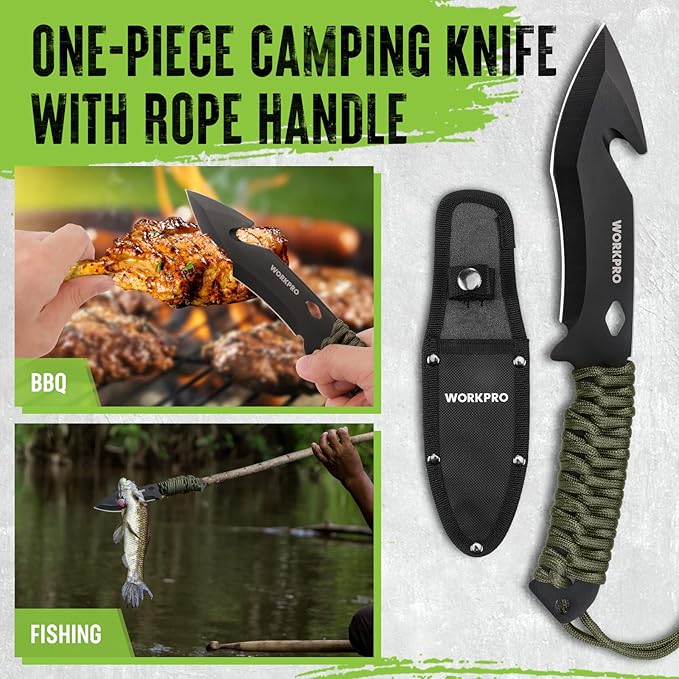 WORKPRO Machete and Camping Hatchet with Sheath Camping Axe and Fixed Blade Hunting Knives with Paracord Handle Headlamp Flint Camping Survival Tool Set for Hunting Hiking Outdoor Adventure