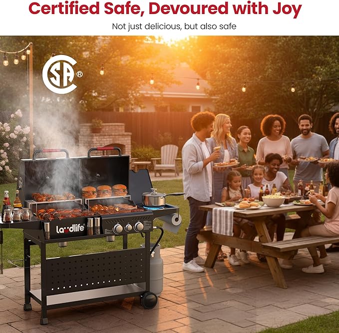 Gas and Charcoal Grill Combo with Side Burner 3 Burners Propane BBQ Grill 748 SQ.IN Cooking Space Non-Stick Enamel Coating Grates Heavy-Duty Stand for Backyard &amp Outdoor Barbecue