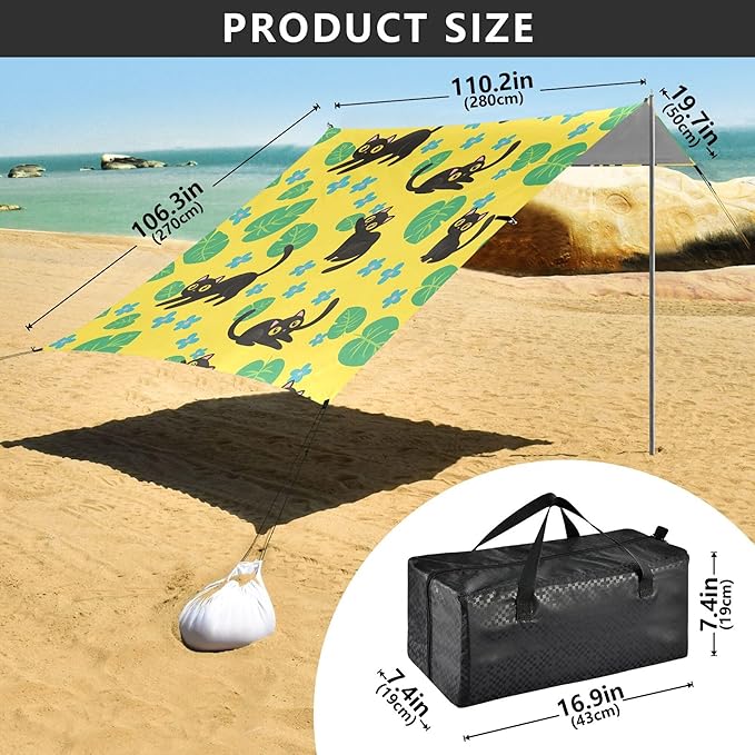 Cat Beach Canopy Sun Shelter with Sandbags &amp Sand Shovel &amp Windproof Ropes - Portable 110x126 Beach Shade Beach Tent for Camping Picnics