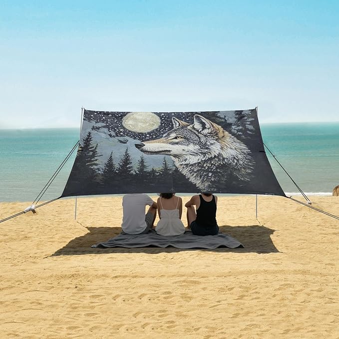 ALAZA Wolf Starry Sky Moon Beach Tent Sun Shelter UPF50+ Protection Beach Shade Canopy w/ 4 Sandbags for Outdoor Camping Fishing Backyard Fun Picnic 10x9 ft