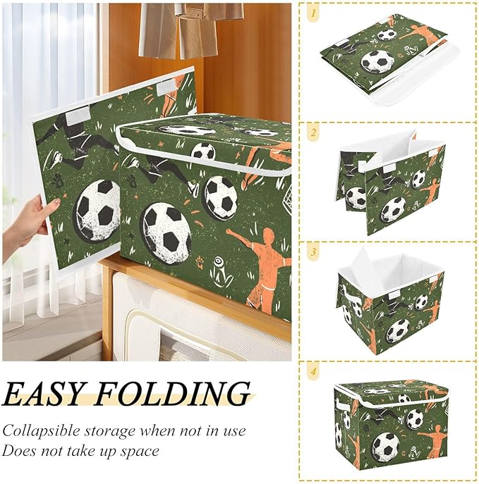 Green Soccer Player Ball Outline Storage Box with Lid 1 PC Foldable Storage Bin with Lids Stackable Storage Bins Cube Closet Organizer Basket with Flip-Top Lid &amp Handles for Shoes Books Towels