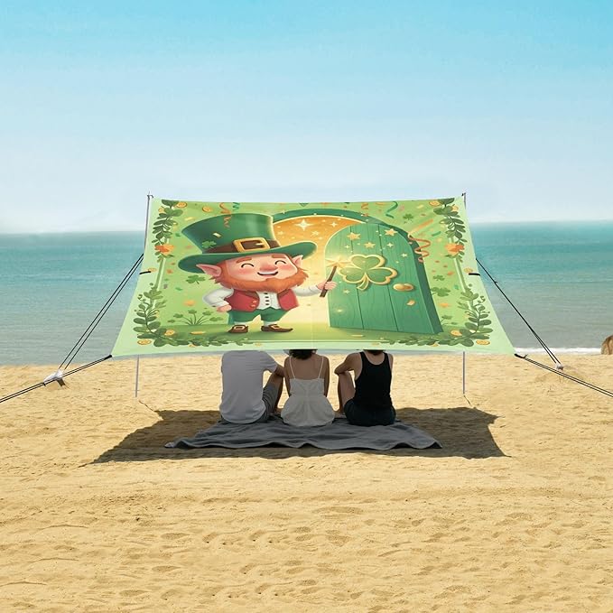 Beach Canopy with Windproof Ropes &amp Sandbags Beach Tent Sun Shade Sun Shelter for Camping Trips Fishing Backyard Fun or Picnics St. Patrick's Day