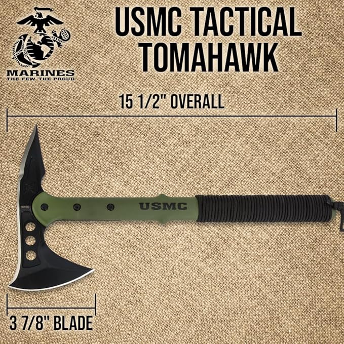 USMC Tactical Tomahawk | 2Cr13 Stainless Steel Head | 3 7/8 Blade and Curved Spike | Fiberglass and Nylon Reinforced Handle | Cord Handle Wrappings | Custom Blade Sheath | 15 1/2 Overall Length
