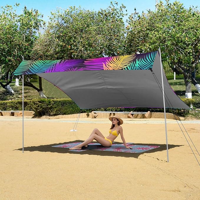 ALAZA Neon Rainbow Palm Leaf Beach Tent Sun Shelter UPF50+ Protection Beach Shade Canopy w/ 4 Sandbags for Outdoor Camping Fishing Backyard Fun Picnic 10x9 ft