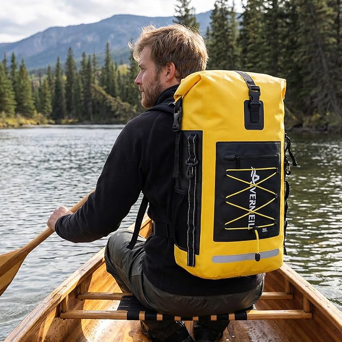 Dry Bag Waterproof Backpack 35L for Men &amp Women Roll-Top Hiking Backpack with IPX8 Waterproof Phone Case &amp Detachable Mini Backpack for Kayaking Boating Cushioned Padded Back Yellow