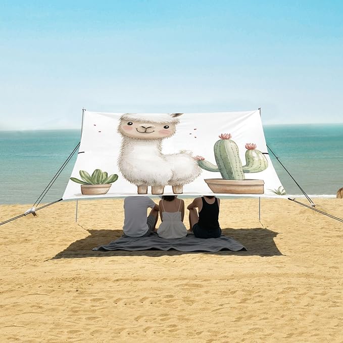 ALAZA Cute_Llamas with Cactus on White Beach Tent Sun Shelter Portable Canopy Sunshade for Outdoor Camping Picnics Backyard Fun 10x9 ft