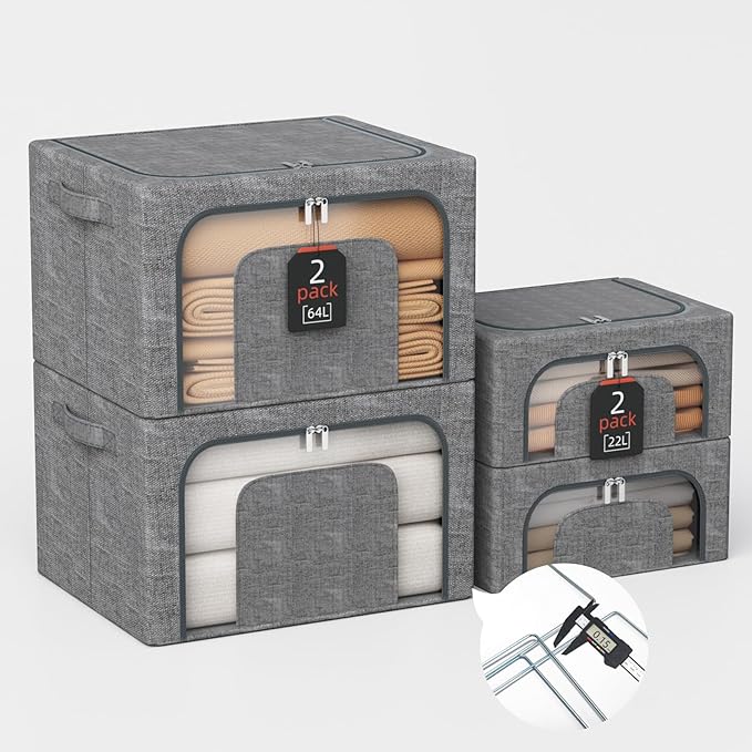 Stackable Clothes Storage Bins with Metal Frame 4 Piece Stackable Clothes Organizer with Double Opening + Clear Window Design for Cabinets Under Beds Storage and Garage Gray 2 * 22 L + 2 * 64 L