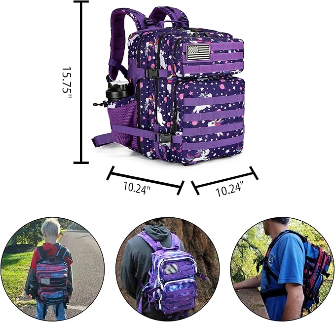 Lovelinks21 25L Tactical Military Backpack Small Travel Rucksack for Men and Women Assault Pack Bug Out Bag Molle Daypack Gym Backpack with Bottle Holder (Purple Pony)