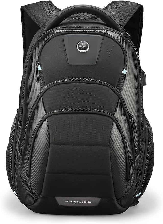 Swissdigital Design TSA Business Laptop Backpack for Men Large Capacity Travel Backpack with Apple Find My Network and USB Charging Port Tech Backpacks Fits 17 Inch Computer Black| SD1643FB-01