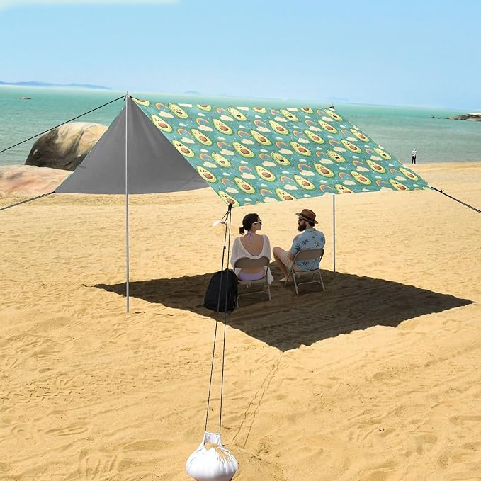 ALAZA Cartoon Avocado Rainbow Beach Tent Sun Shelter UPF50+ Protection Beach Shade Canopy w/ 4 Sandbags for Outdoor Camping Fishing Backyard Fun Picnic 10x9 ft