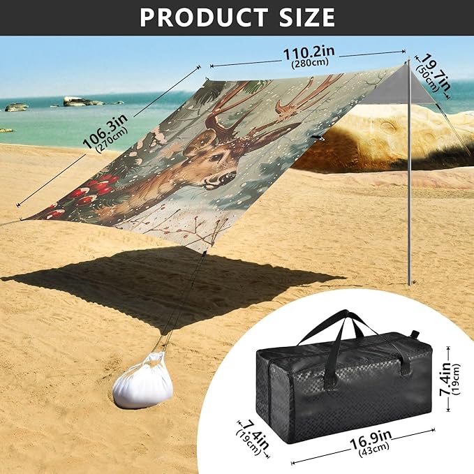 ALAZA Vintage Christmas Deer Snow Tree Beach Tent Sun Shelter Portable Canopy Sunshade for Outdoor Camping Picnics Backyard Fun 10x9 ft