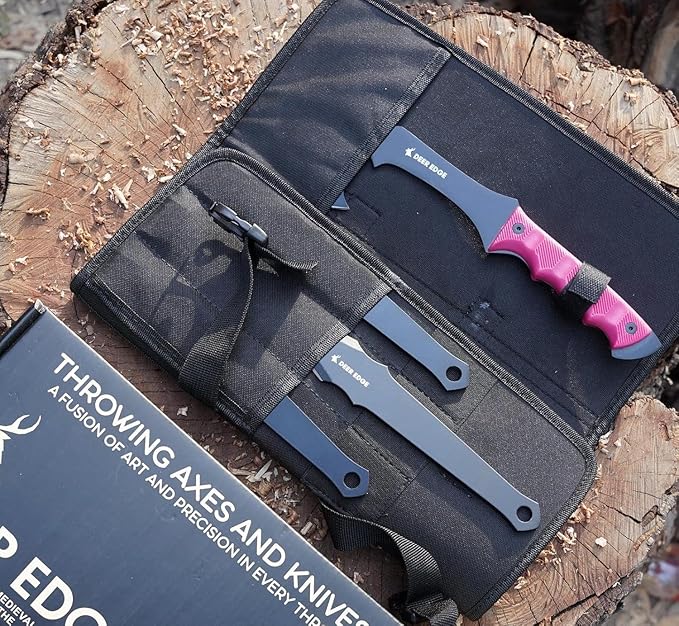 11.5 Throwing Axe Set – Professional Throwing Axe Pack of 6 - Chopping Hatchet with Pink Rubber Handle &amp Nylon Sheath – Small Outdoor Camp Hatchet for Axe Throwing Game