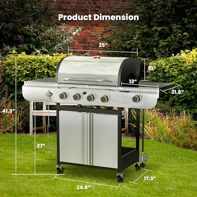 Electactic G41 Gas Grill4-Burner Gas BBQ Grill with Side Burner Porcelain-Enameled Grills 42000 BTU Stainless Steel Propane Grill for Outdoor Cooking and Patio Barbecues