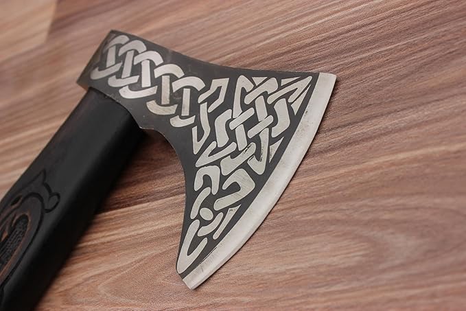 Handmade Wooden Axe with Intricate Carvings On Wooden Handle and Metal Head 19 inches The Axe Handle is When You Hold It