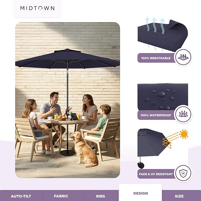 Midtown Umbrellas - 10-Year-No-Fade 9 Ft Patio Umbrella with Terylast Fabric Auto-Tilt Aluminum Frame and 8 Reinforced Ribs for Deck Pool Garden &amp Beach - Navy Blue Canopy Black Pole