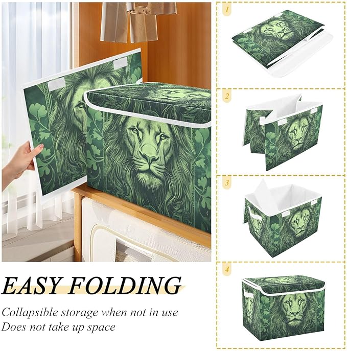 Storage Cube with Lid Green Leaves Lion Print 16.5×12.6×11.8 IN Collapsible Large Capacity Foldable Storage Basket Bin Organizer