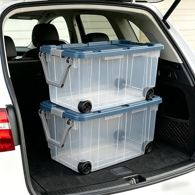 2 Pieces160 Quarts of Wheeled Storage Boxes Super Large Durable Transparent Boxes with Lock Covers and Handles Suitable for Moving Garage and Tool Room Storage (Blue and Clear)