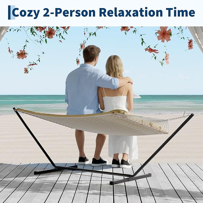 2 Person 12FT Hammocks for Outside Double Quilted Fabric Outdoor Hammock with Spreader Bar Large Removable Pillow Storage Pockets Carabiners Max 450 Lbs Capacity