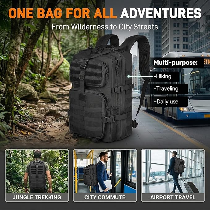 40L Military Tactical Backpack for Men Tactical Laptop Backpack with Molle Waterproof Army 3 Days Assault Pack &amp Bug Out Bag for Hiking (09-Black)