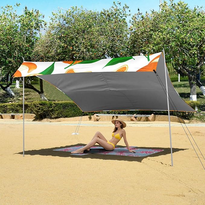 xigua Oranges Beach Tent Sun Shelter with Carrying Bag - Silver Coated Oxford Fabric Beach Canopy for Beach Camping Fishing - Includes Windproof Ropes Sandbags &amp Stakes