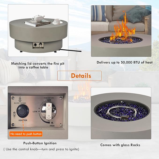 32-inch Outdoor Gas Fire Pit Table with Natural Gas Conversion Kit 50000BTU Propane Gas Fire Pits for Outside Patio w/Round Burner Lid Glass Rocks Cover