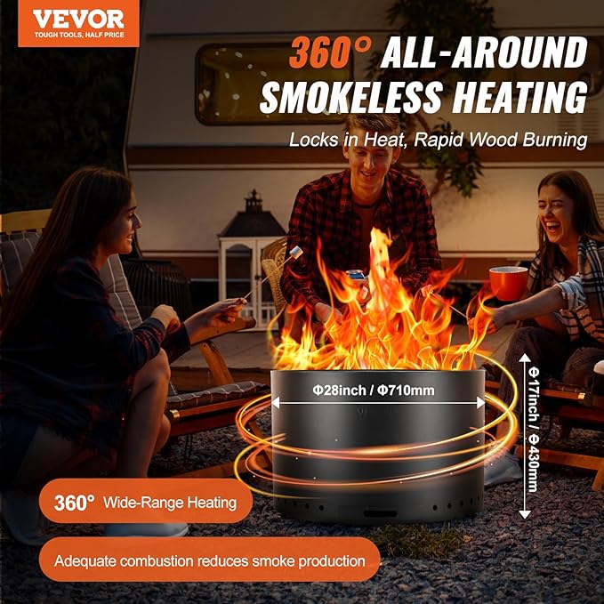 VEVOR Smokeless Fire Pit Stove Bonfire H: 17 in x Dia: 28 inWood Burning Fireplaces with Removable Ash Pan SUS430 Stainless Steel Inner Portable Outdoor Firepitfor Outdoor Patio Camping Black