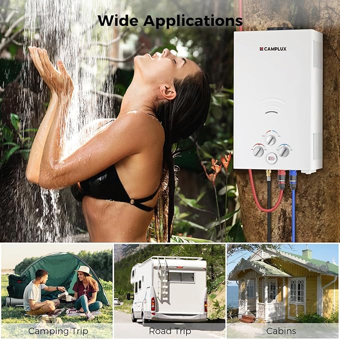 CAMPLUX Portable Propane Water Heater - 2.64GPM 3.3GPM Pump &amp Pipe Strainer 68000 BTU for Camping &amp Off-Grid Cabins