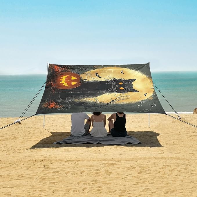 ALAZA Halloween Black Cat Beach Tent Sun Shelter UPF50+ Protection Beach Shade Canopy w/ 4 Sandbags for Outdoor Camping Fishing Backyard Fun Picnic 10x9 ft