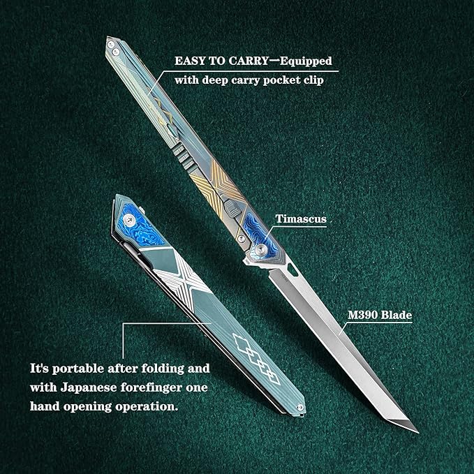 folding knife belt clip M390 steel blade outdoor camping knife portable pocket knife titanium handle lightweight EDC men's pocket knife belt sheath