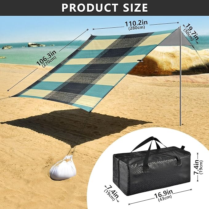 Paleturquoise Buffalo Plaid Check Tartan Scotland Foldable Beach Tent UPF50+ Protection Easy Setup Large Portable Sun Shelter with Carrying Bag for Backyard and Camping