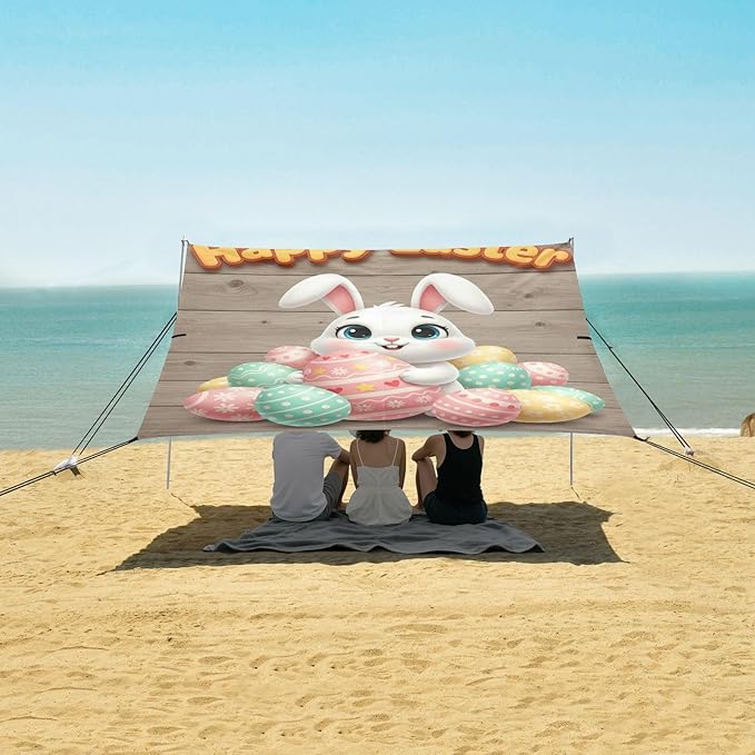 Beach Canopy with Windproof Ropes &amp Sandbags Beach Tent Sun Shade Sun Shelter for Camping Trips Fishing Backyard Fun or Picnics Happy Easter