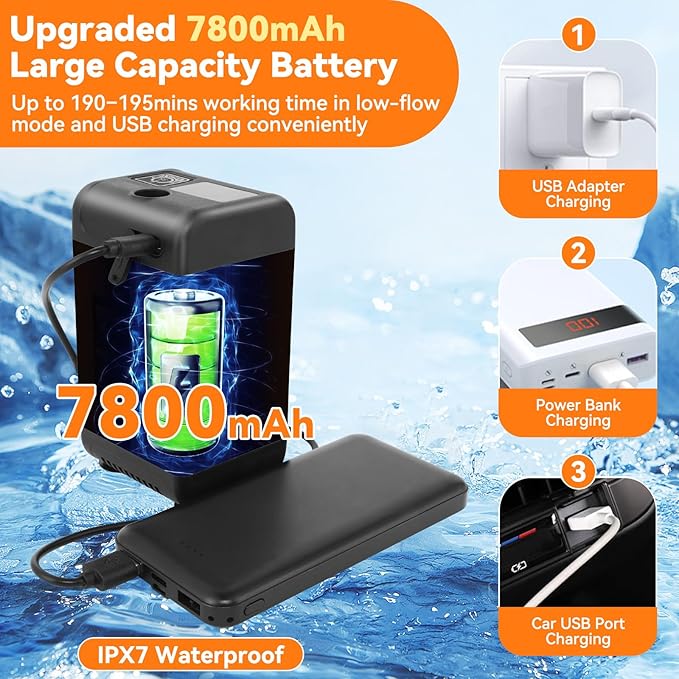 Portable Camping Shower 7800mAh Rechargeable Outdoor Shower Kit with Heater Intelligent LED Display IPX8 Waterproof Portable Shower for Camping Outdoor Travel Car Washing Pet Bathing